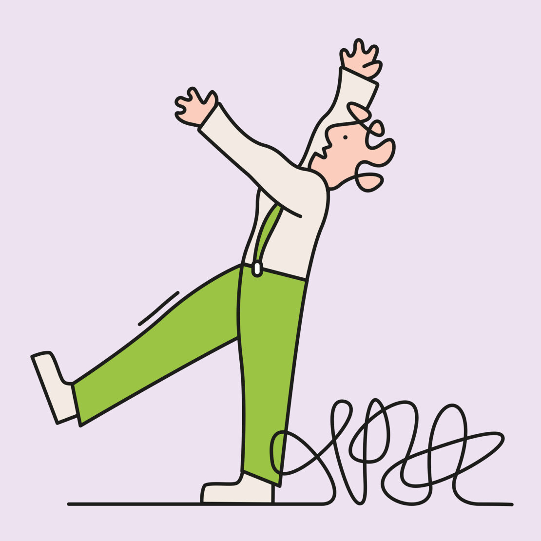 Illustrated figure in mid-air with raised arms, suspenders, and green pants against a light purple backdrop with linear graphic element.