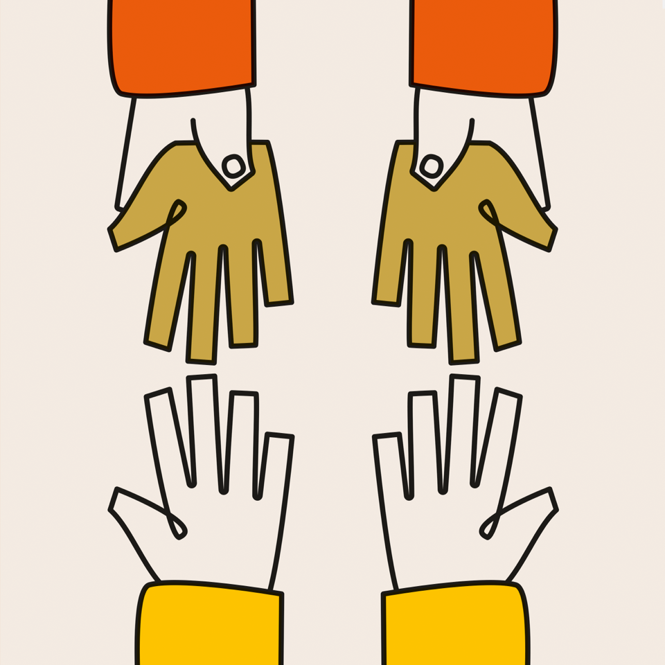 Graphic illustration showing two pairs of hands reaching towards each other, rendered with bold outlines and flat, contrasting colors.