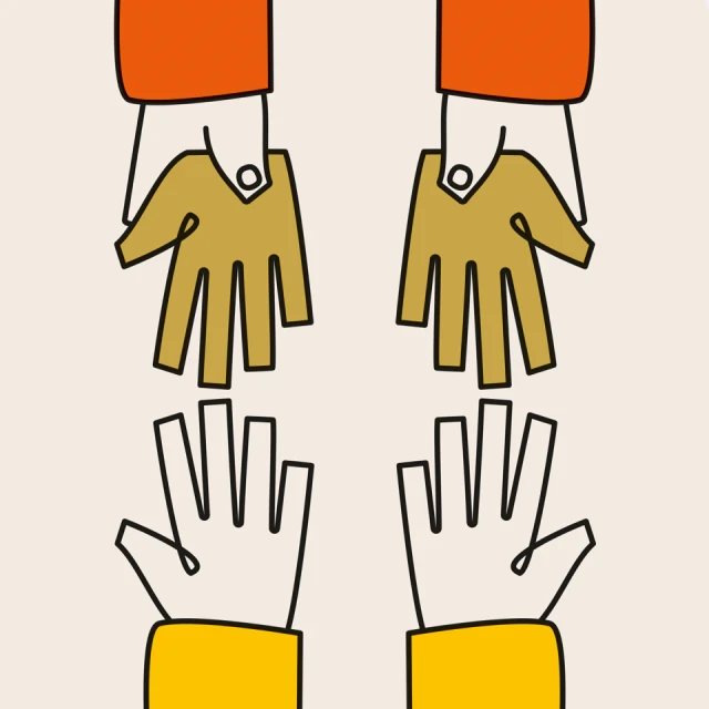 Graphic illustration showing two pairs of hands reaching towards each other, rendered with bold outlines and flat, contrasting colors.