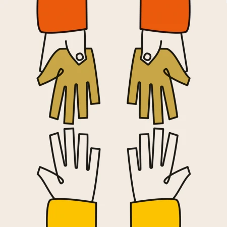 Graphic illustration showing two pairs of hands reaching towards each other, rendered with bold outlines and flat, contrasting colors.