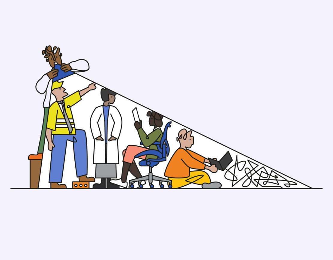 Illustration of diverse professionals in lab coats, construction gear, casual wear under a triangle spotlight, teamwork concept.