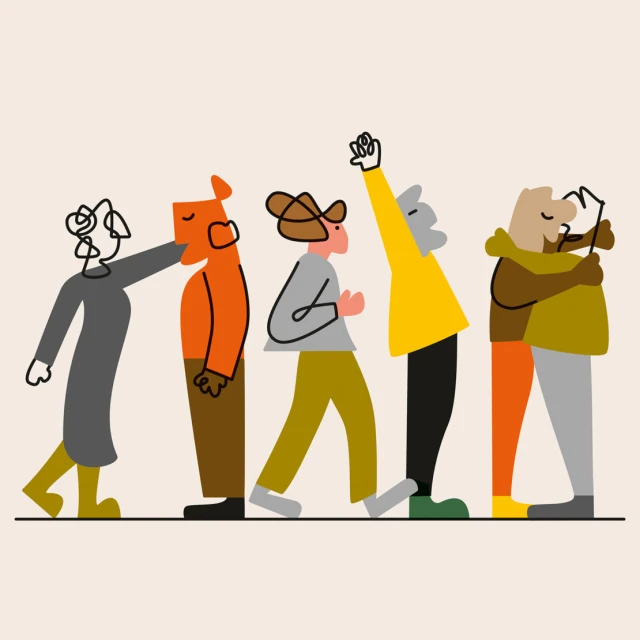 Illustration of five abstract cartoon figures walking in a row; geometric shapes, colorful clothing, against a neutral background.