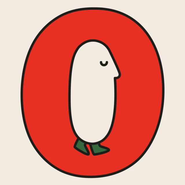 Illustration of a simple human-like figure with feet, depicted in a red circle, against a light beige background. Minimalist art style.