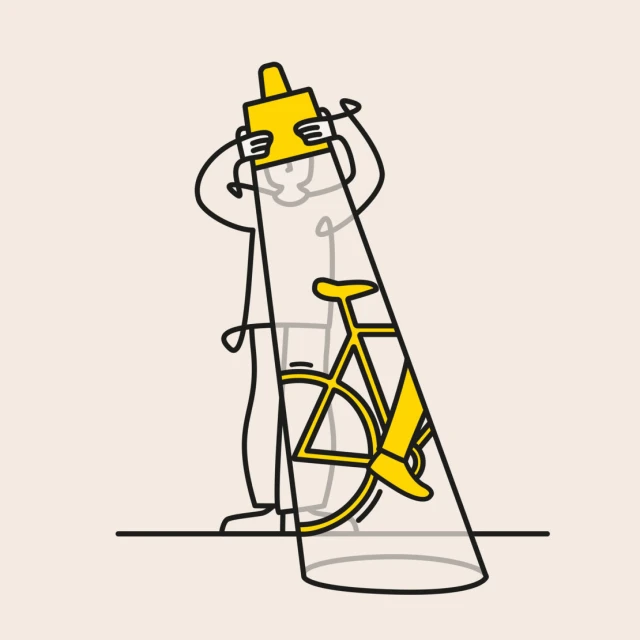 Stylized illustration of a person holding a spotlight revealing a yellow bicycle inside the light beam against a tan background.