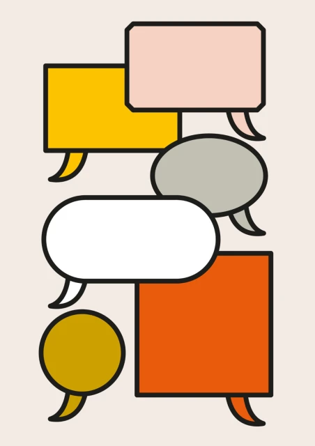 Illustration of colorful speech bubbles in various shapes and colors, including yellow, orange, pink, gray, white, and gold.