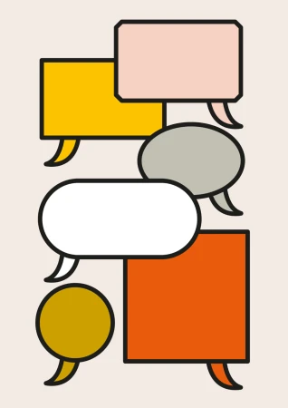 Illustration of colorful speech bubbles in various shapes and colors, including yellow, orange, pink, gray, white, and gold.