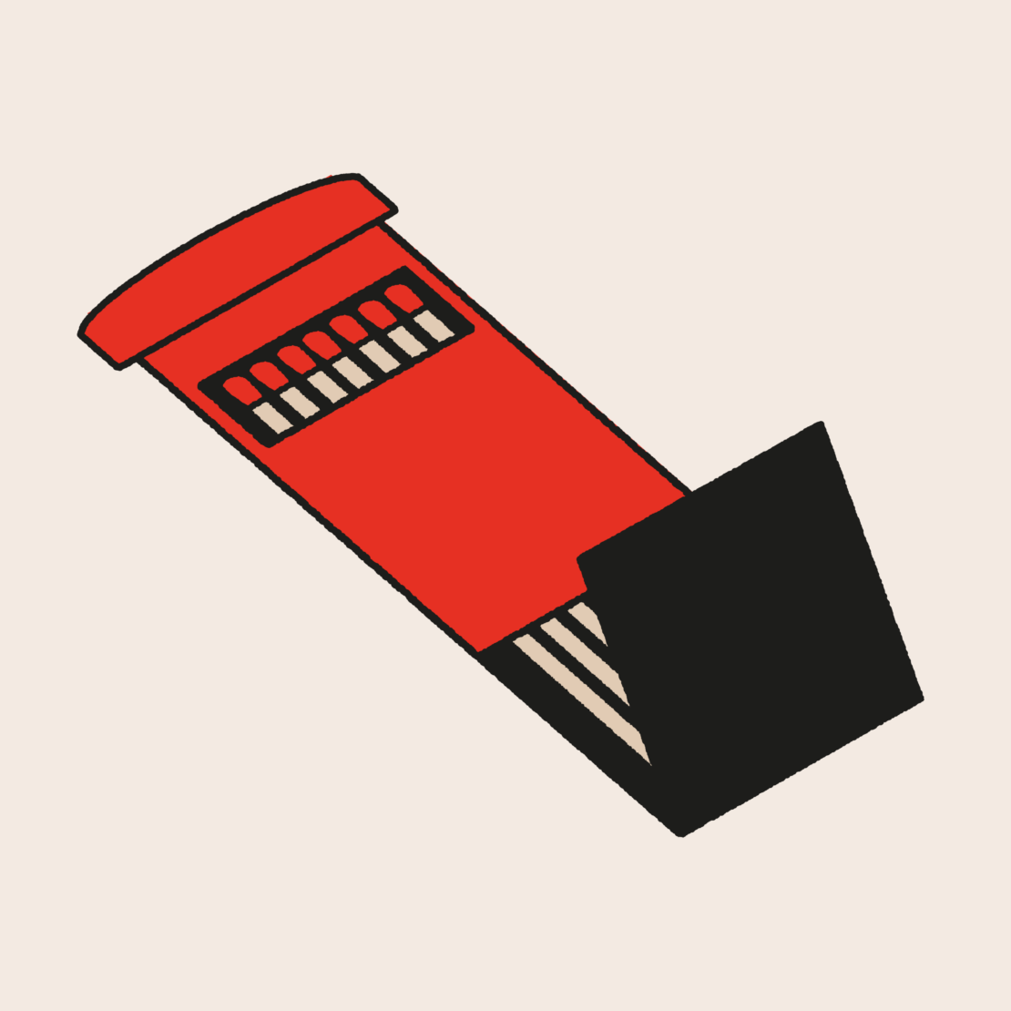 Illustration of a red and black mailbox against a light beige background, rendered in a geometric and minimalist style.