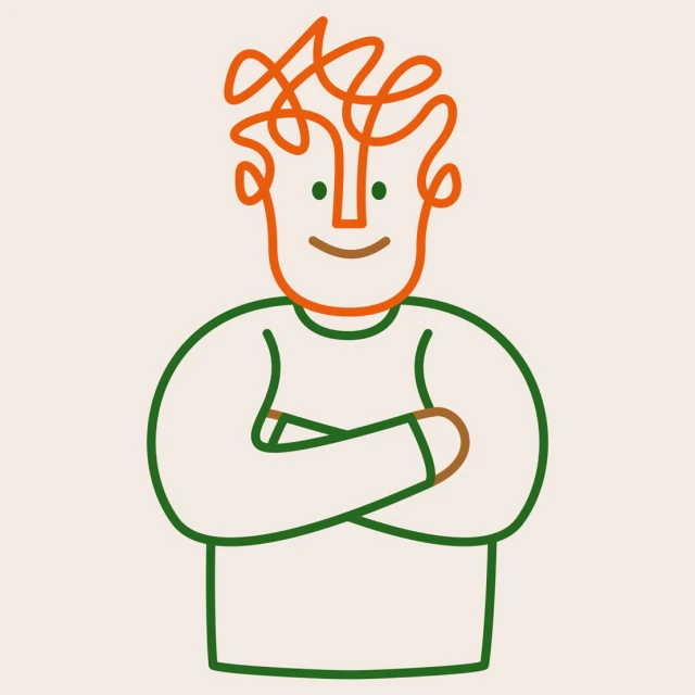 Illustration of a smiling man with arms crossed, presented in an outlined drawing style with orange hair, green shirt, and beige background.