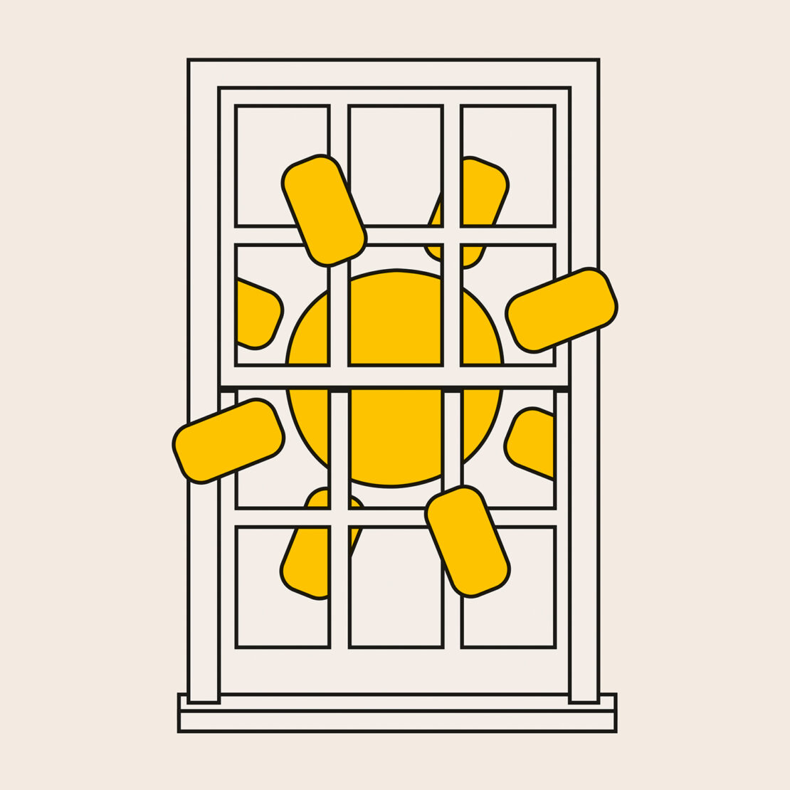 Illustration of a window with a view of a yellow sun with rectangular sunbeams against a light peach background.