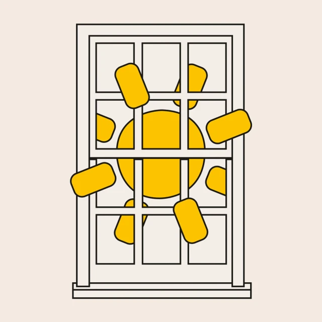 Illustration of a window with a view of a yellow sun with rectangular sunbeams against a light peach background.