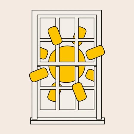 Illustration of a window with a view of a yellow sun with rectangular sunbeams against a light peach background.