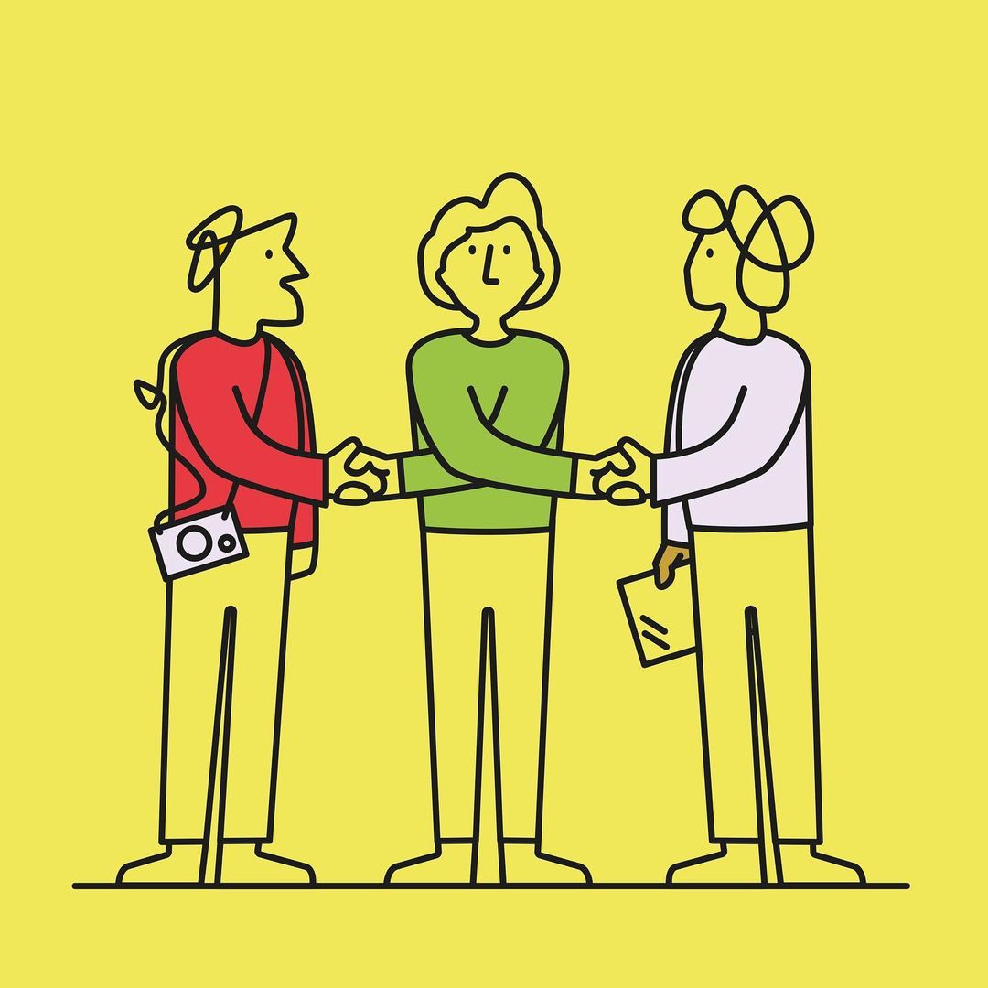 Illustration of three people in casual attire shaking hands against a yellow background, linear drawing style with flat color fills.
