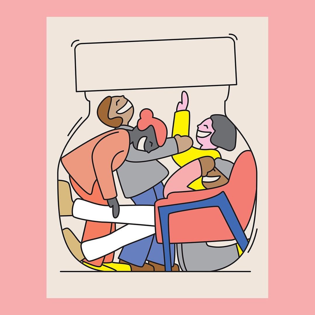 Illustration of diverse group of people crammed inside a large jar, one seated in a red chair, all with smiling faces and varied expressions.