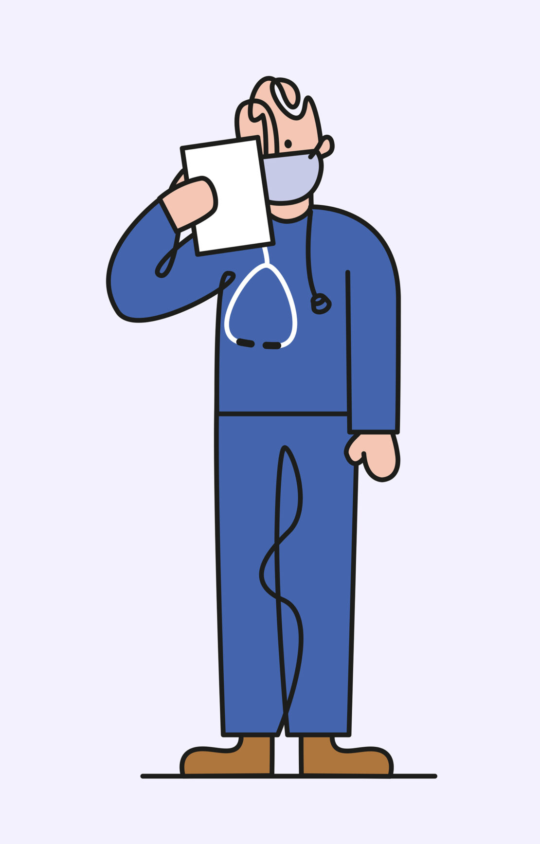 Illustration of doctor in blue scrubs and face mask holding a document, with stethoscope around neck against a light background.