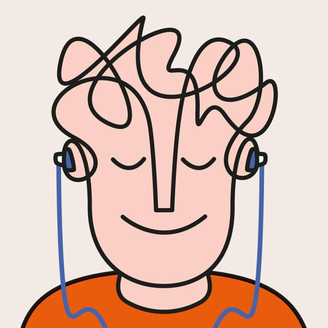 Illustration of a person with closed eyes, wearing headphones, against a light background, showcasing a minimalist and clean design.