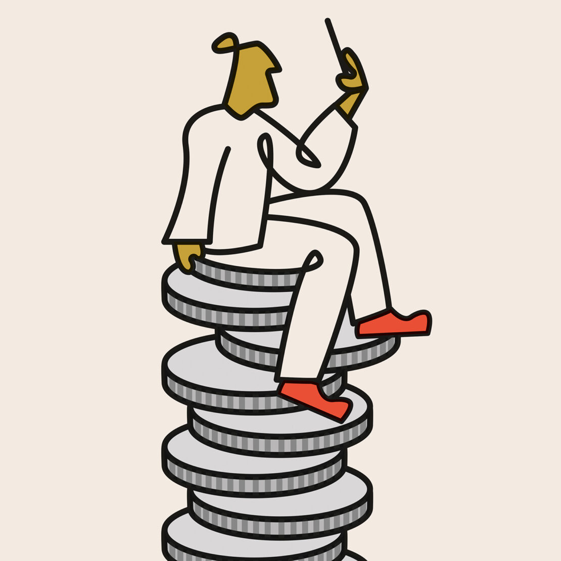 Whimsical illustration of a stylized person perched atop a tower of silver coins, against a light background in shades of cream.