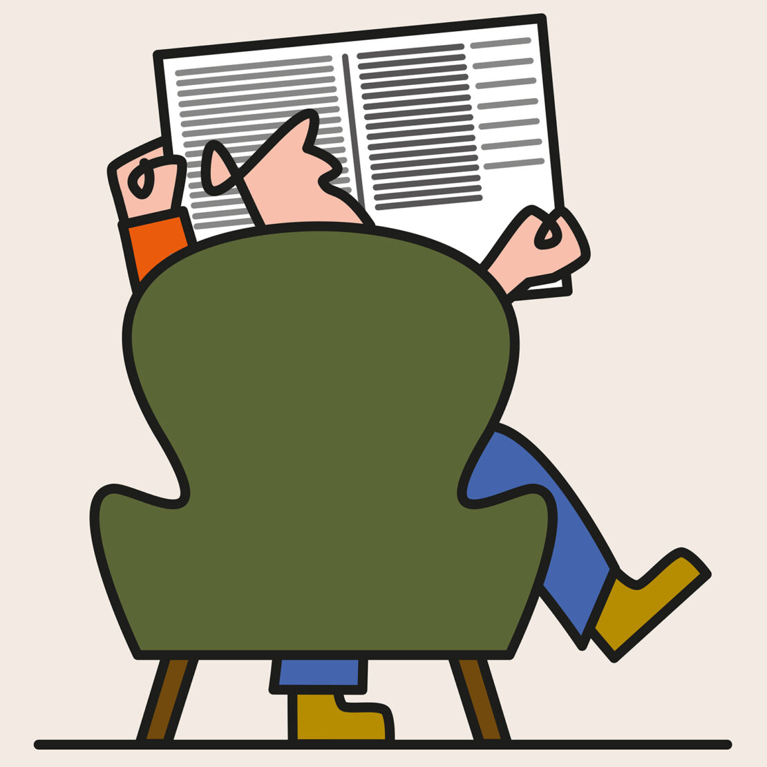 Illustration of a person seated in an armchair, seen from the back, reading a newspaper against a neutral cream-colored backdrop.