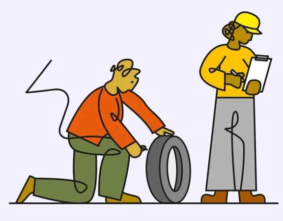 Illustration of two line art mechanics, one kneeling checking a tire, the other standing, writing on a clipboard, on pale background.