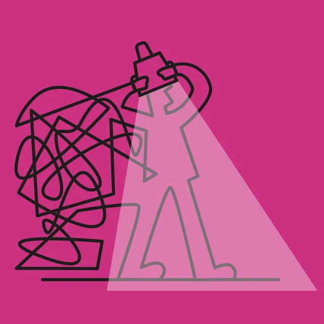 Illustration of a figure standing in a spotlight with abstract lines, set against a magenta background, created using digital art techniques.