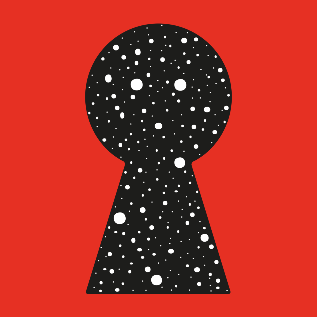 Red graphic art with black keyhole shape filled with white dots, creating a cosmic, starlit pattern. Simple design, eye-catching contrast.