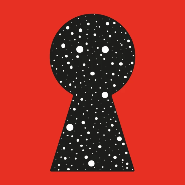 Red graphic art with black keyhole shape filled with white dots, creating a cosmic, starlit pattern. Simple design, eye-catching contrast.