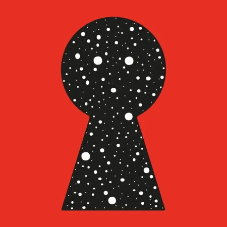 Red graphic art with black keyhole shape filled with white dots, creating a cosmic, starlit pattern. Simple design, eye-catching contrast.