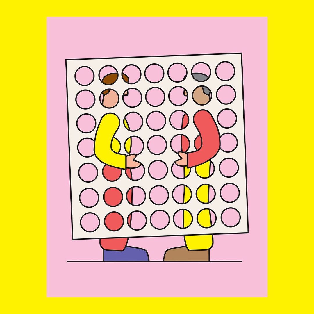 Illustration of two figures playing Connect Four, their arms, shoulders, and legs visible around a large game board.