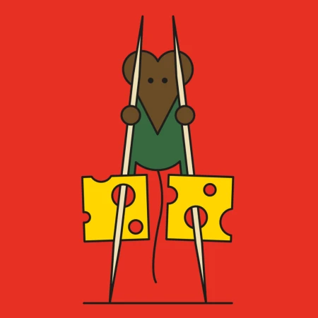 Whimsical illustration of a brown mouse character on stilts holding slices of Swiss cheese against a red background, cute design.