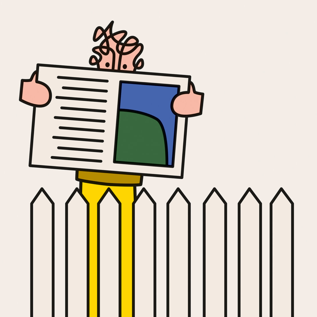An illustrated character holding up a large newspaper behind a white wooden picket fence.