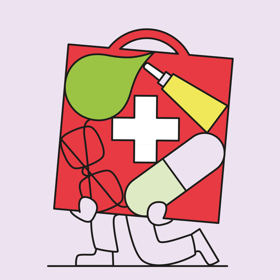 Stylized digital illustration of a person carrying a large, red first aid kit containing medical supplies on a light lavender background.