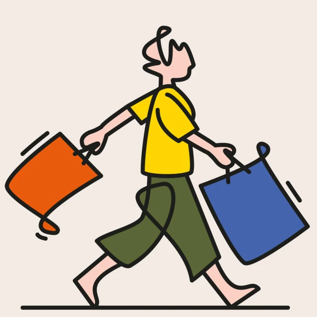 Illustration of a person walking with shopping bags; simple line art in yellow, green, blue, and orange on a neutral background.