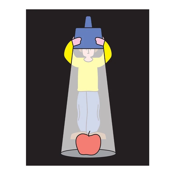Illustrated person holding a blue lamp shining a light cone downwards onto a red apple against a dark background.