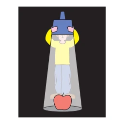 Illustrated person holding a blue lamp shining a light cone downwards onto a red apple against a dark background.