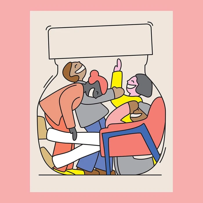 Illustrated graphic artwork by Andy Goodman featuring stylized figures trapped inside a jar against a pink background.