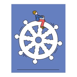 Digital illustration of a person sitting atop a large white wheel against a solid blue background by Andy Goodman.
