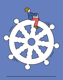 Digital illustration of a person riding atop a large white decorative wheel against a solid blue background.