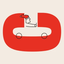 Minimalist vector illustration of a person in a Santa hat driving a car shaped like the letter C