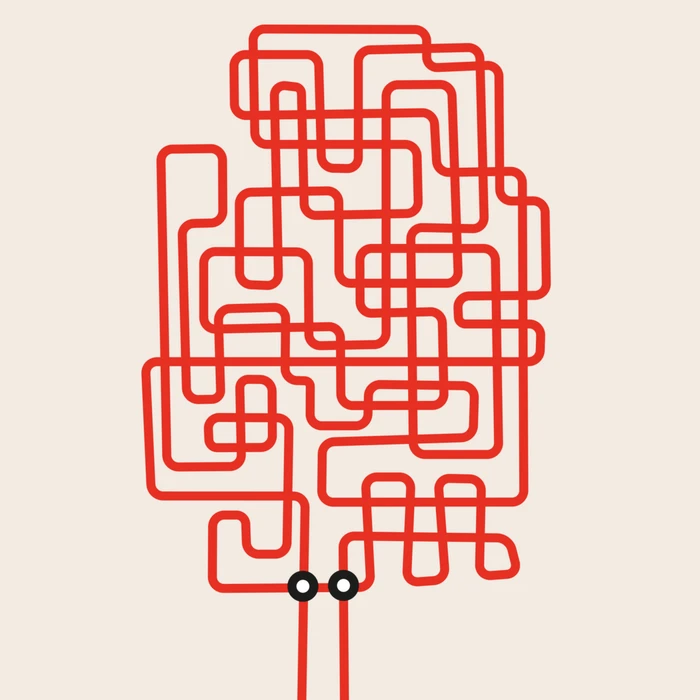 An intricate red labyrinthine line drawing set against a plain cream background by Andy Goodman