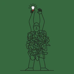 Minimalist line illustration of a man holding a glowing lightbulb with tangled lines over his body on solid green background.