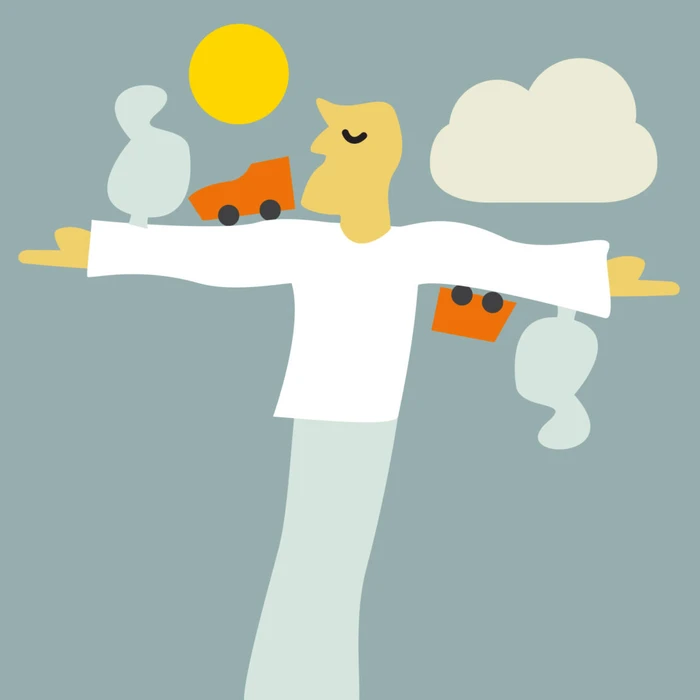 Illustrated figure with outstretched arms holding cars and clouds against a grey background by Andy Goodman