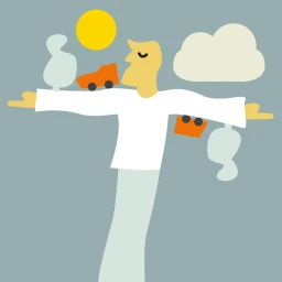 Illustrated figure with outstretched arms holding cars and clouds against a grey background by Andy Goodman