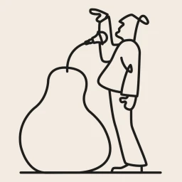 Minimalist black line art illustration of a person speaking into a vintage microphone next to a large abstract pear shape.