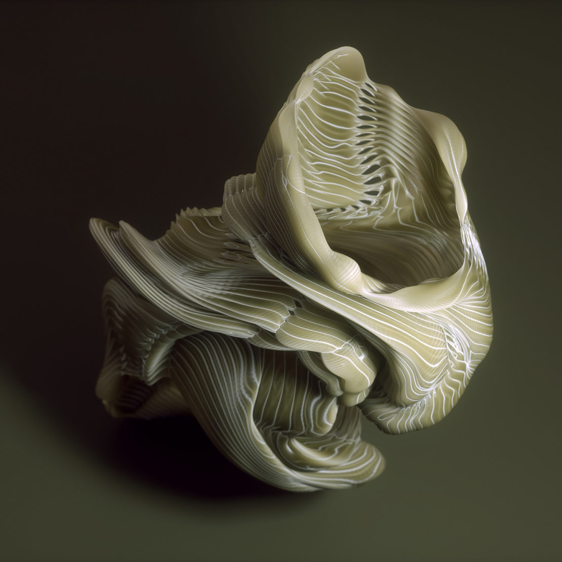 Abstract form sculpture with layered construction and internal light stripes against a dark olive-green backdrop with soft directional lighting.