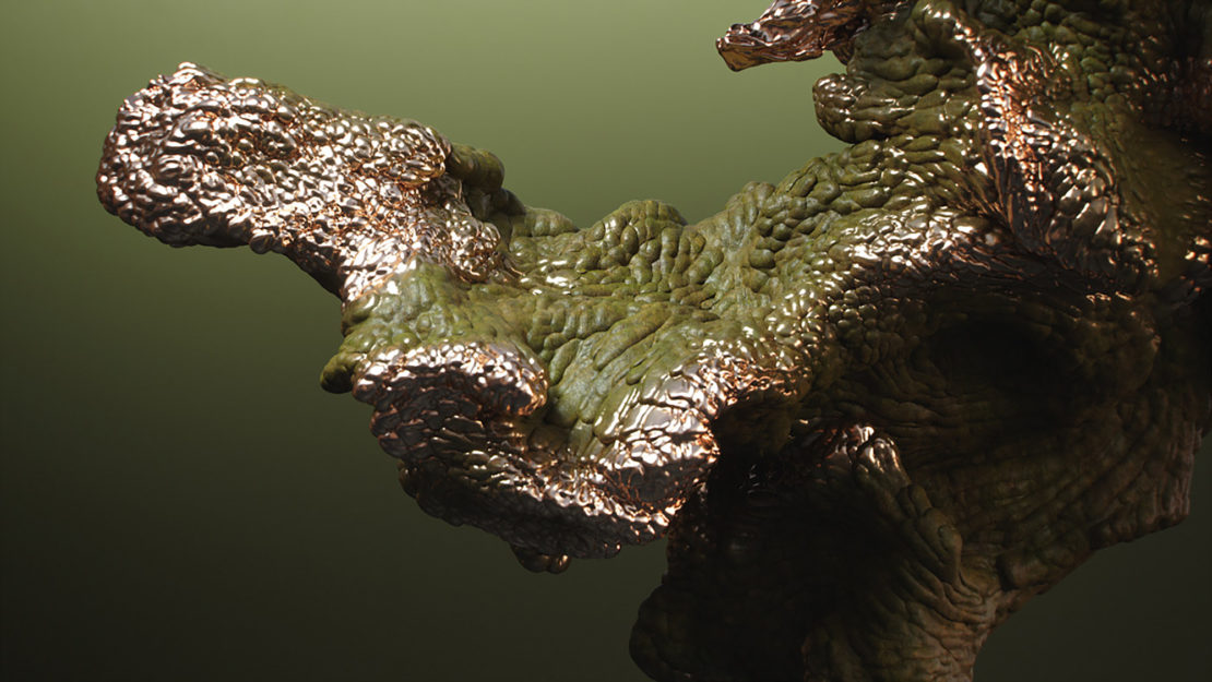 Close-up CGI rendering of textured, abstract organic forms with gold and green hues, set against a muted olive-green background.