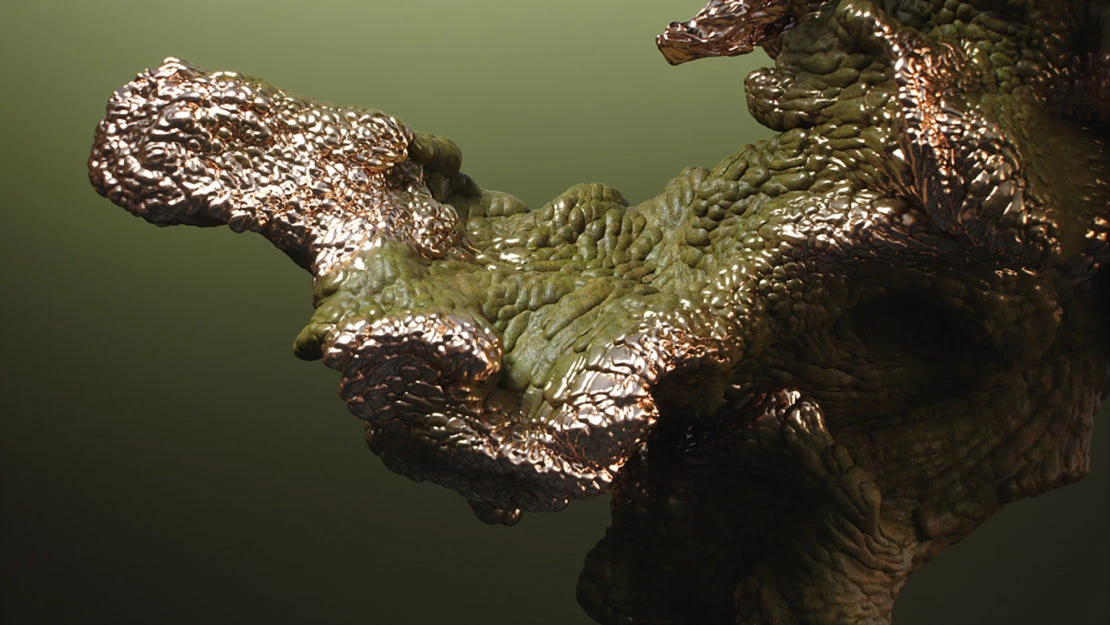Close-up CGI rendering of textured, abstract organic forms with gold and green hues, set against a muted olive-green background.