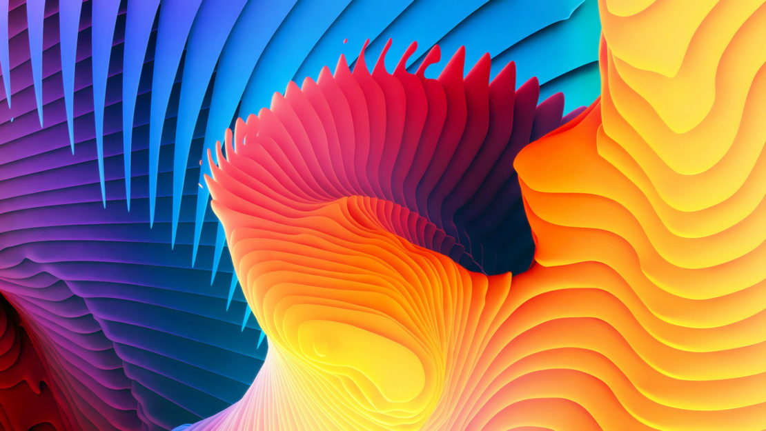 Abstract layered background with vibrant gradient from yellow and orange to red and blue, creating a colorful, dynamic visual.