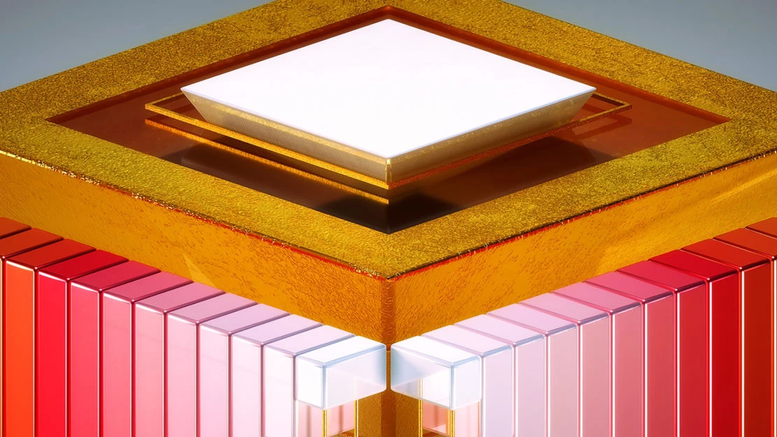Abstract image featuring golden, metallic, square structures stacked with gradients of pink and red bars, creating a geometric display.