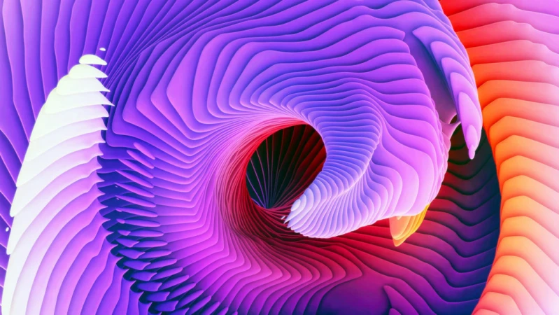 Abstract spiral artwork featuring layered purple and white shapes, creating a visually dynamic and eye-catching design.