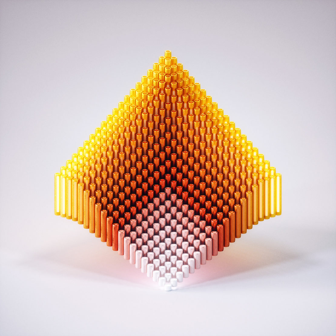 Abstract, geometric 3D rendering of a diamond-shaped structure composed of cylindrical rods in a gradient from white to yellow.