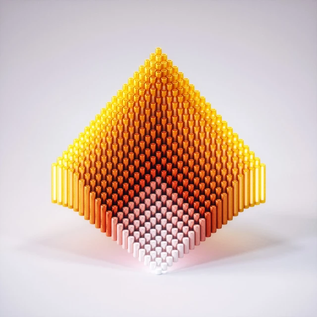 Abstract, geometric 3D rendering of a diamond-shaped structure composed of cylindrical rods in a gradient from white to yellow.